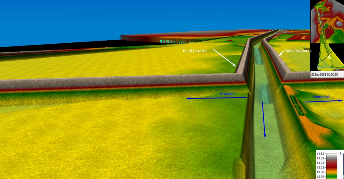 Vista tridimensional de un canal con taludes y humedales adyacentes, coloreada por cota del terreno